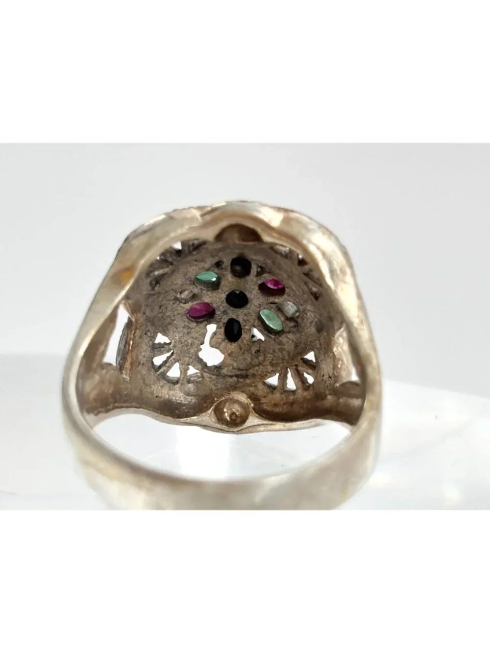 Art Deco Marcasite, Emerald, Garnet Sterling Silver 925 Vintage Ring - sz 9.75